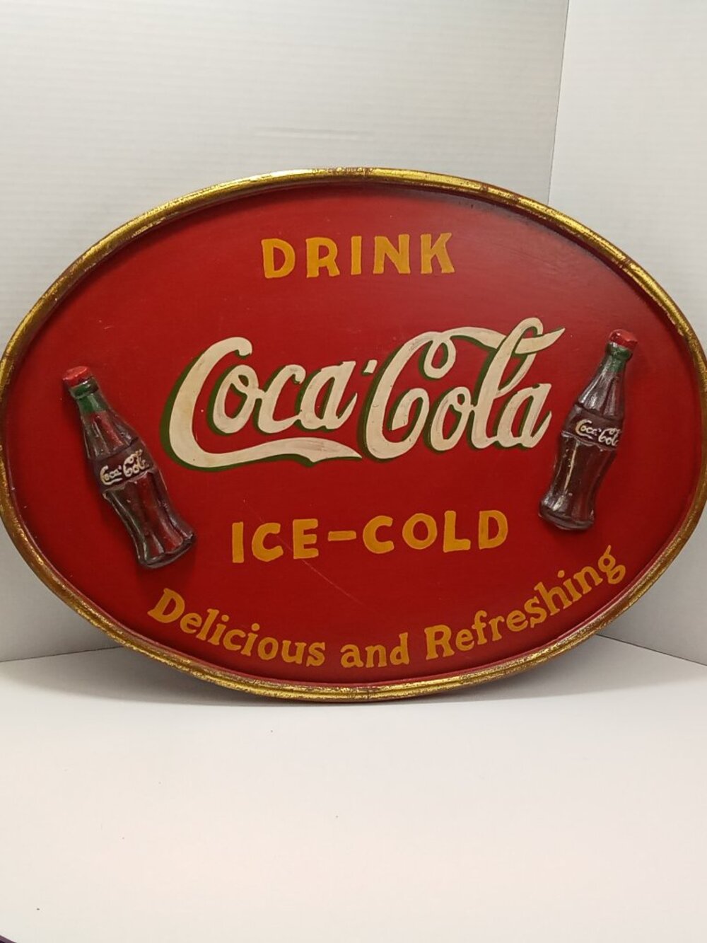 Vintage Oval Wood Coca Cola Sign 3D Raised Bottles